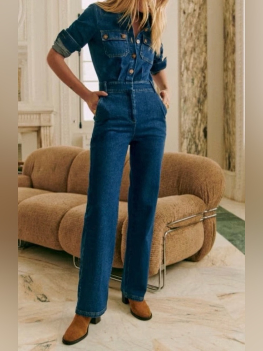 Sezane Women’s Brooklyn Denim Jumpsuit Straight Leg NWOT